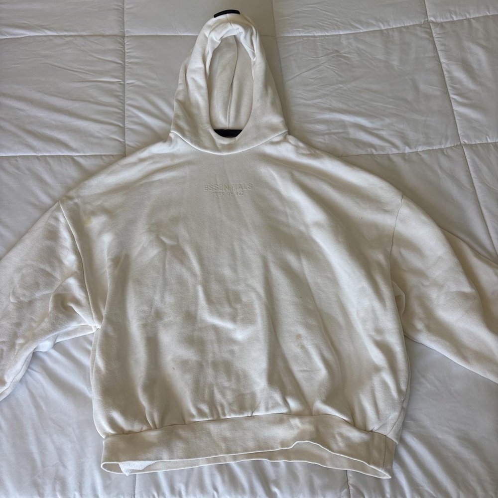 Essentials Men’s Cream Crewneck Hoodie with Subtle Logo